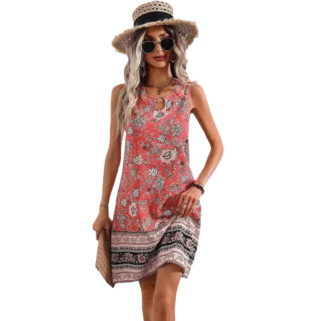 Elegant U-Neck Burnout Floral Sleeveless Midi Dress with Ring Detail