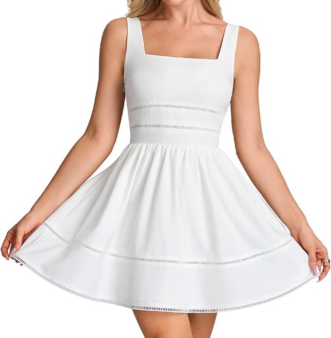 Women's Floral Square Neck Lace A-Line Mini Dress Sleeveless