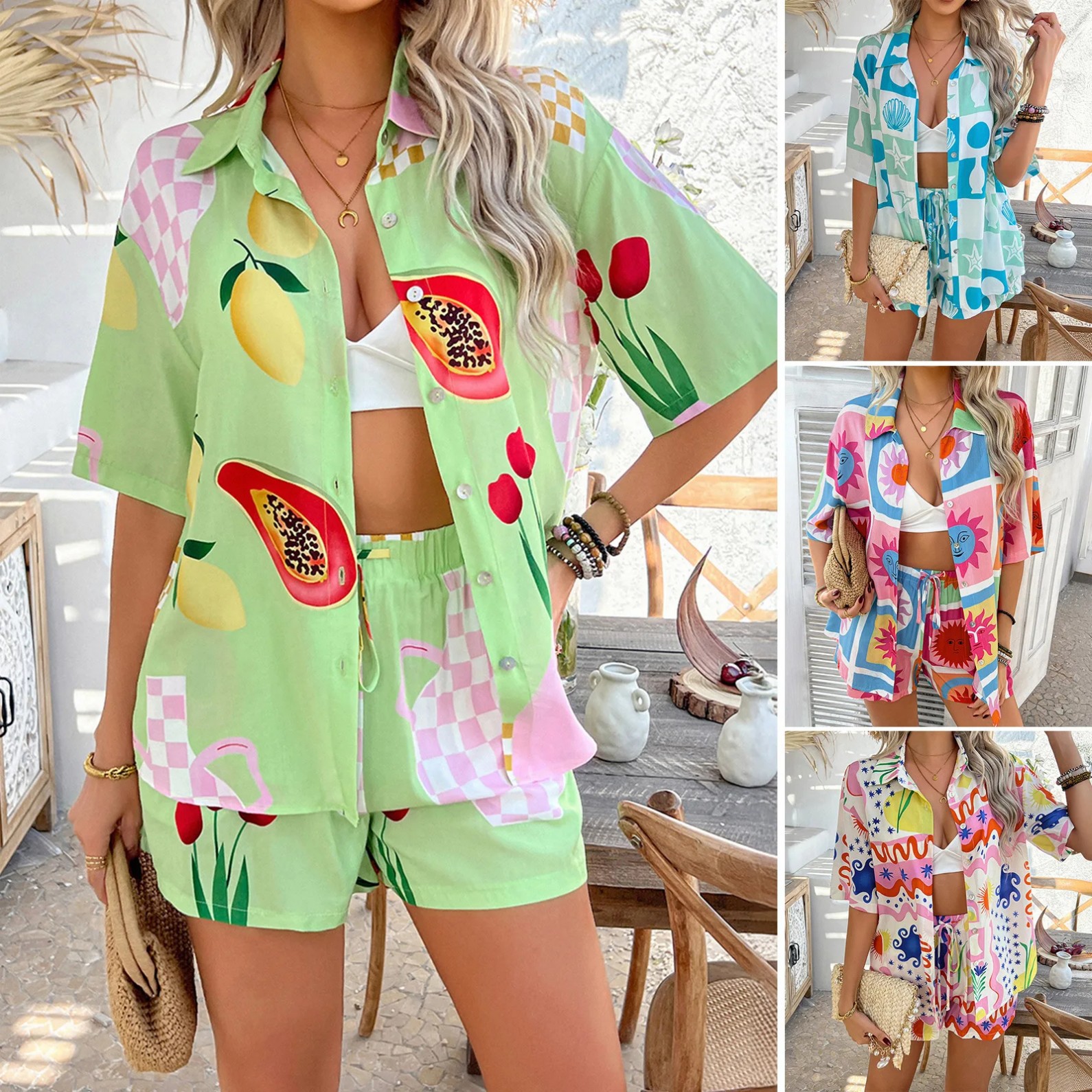 Women's Summer Short Sleeve Shirt Set Tropical Fruit & Retro Floral Print