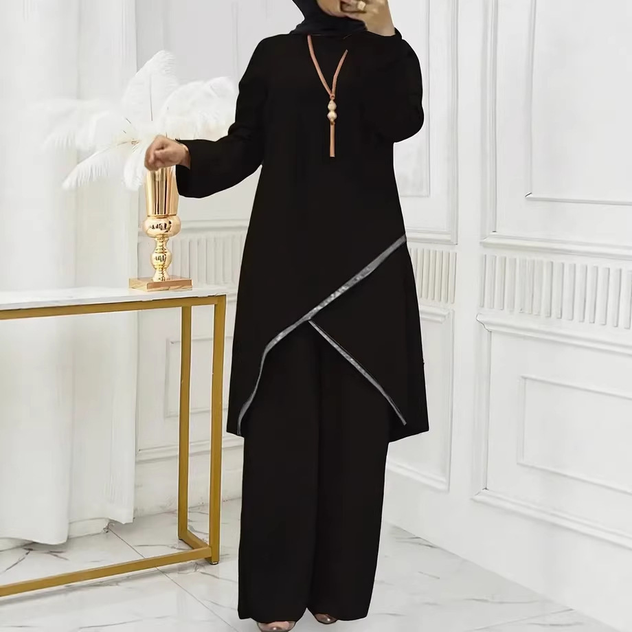 Women's Solid Crewneck Long Sleeve Top and Pants Two-Piece Set with Four-Way Stretch Cotton