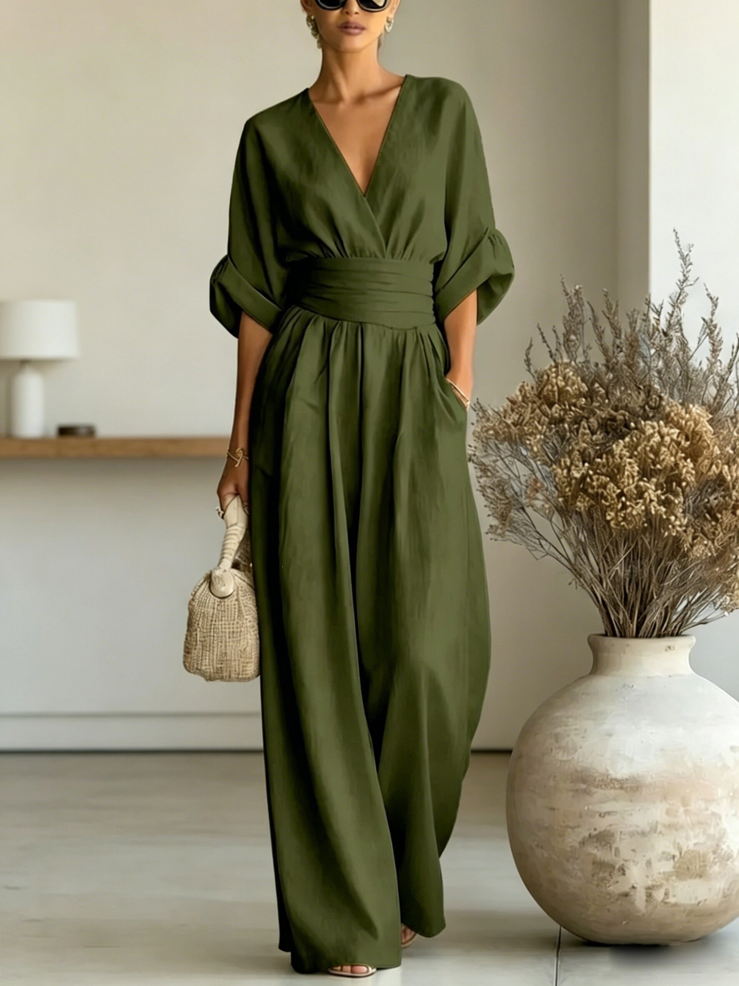 V-Neck Cinched Waist Rolled Sleeve Wide-Leg Jumpsuit