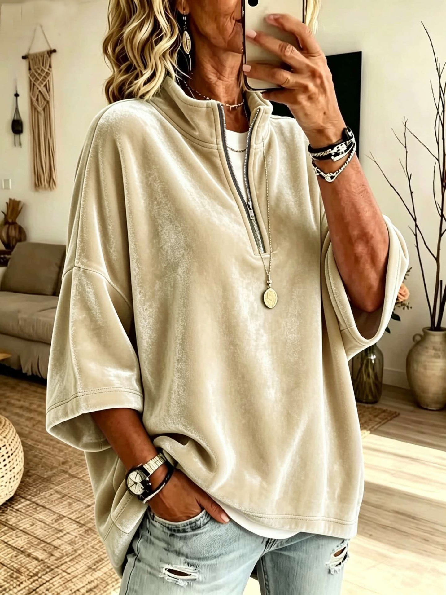 Women's Velvet Turtleneck Top with 7/8 Sleeves and Zip