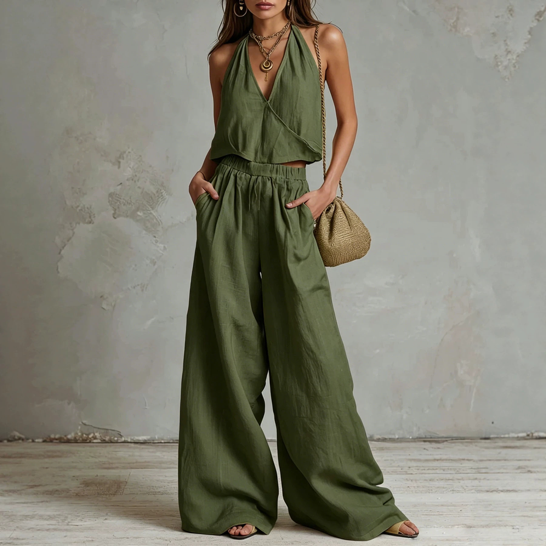 Women's Summer Bohemian Cotton-Linen Tank Top and Pants Two-Piece Set