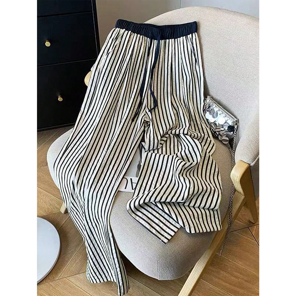 Textured Striped Wide-Leg High-Waist Pants