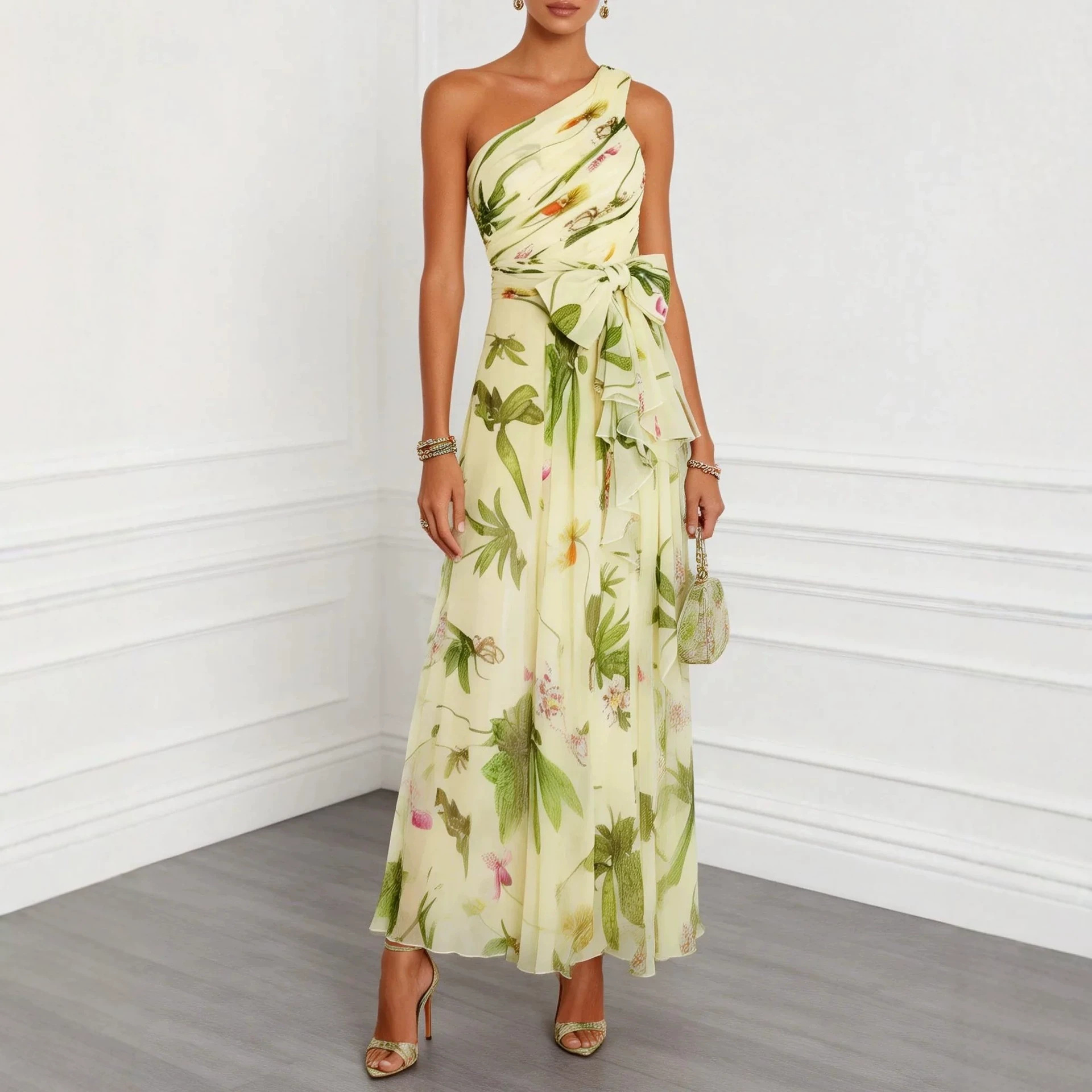 Floral Print One-Shoulder Chiffon Maxi Dress with Tie Waist