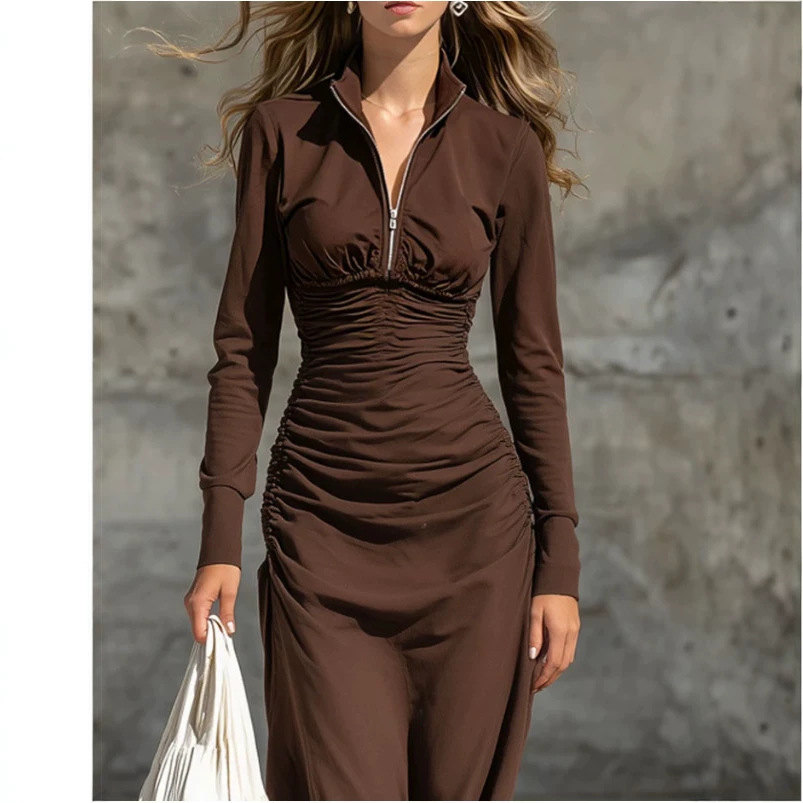 Chocolate Long Sleeve Ruffle Hem Maxi Dress