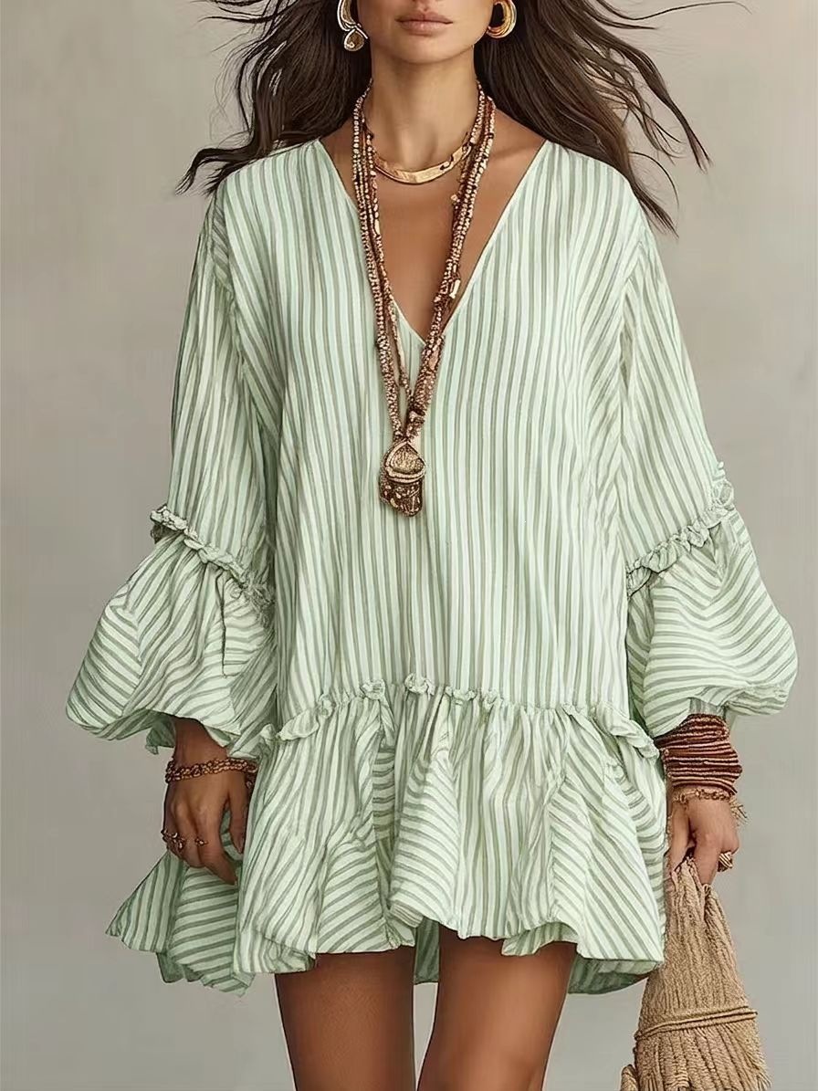 Women's Striped Print V-Neck Lantern Sleeve Loose A-Line Short Dress