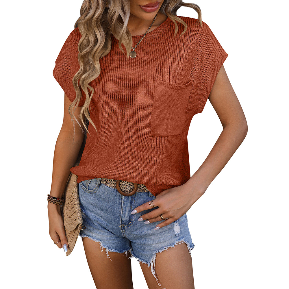 Women's Crewneck Pocket Short Sleeve Sweater