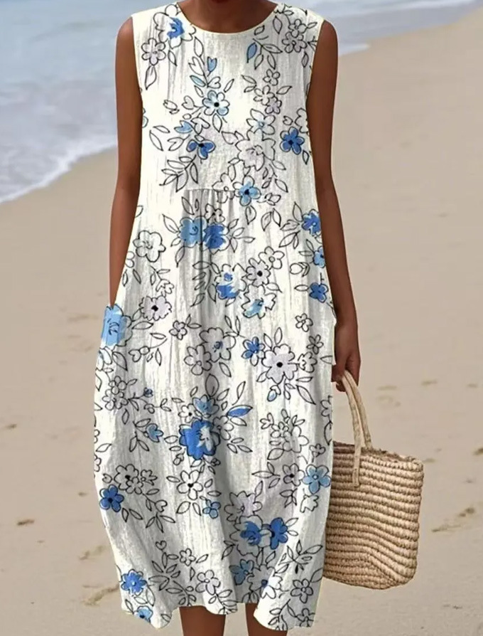 Floral Print Sleeveless Round Neck Loose Midi Dress