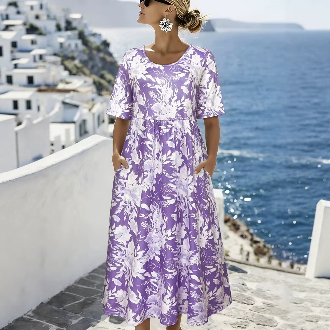 Women's Floral Print Ruched Midi Dress Crew Neck Half Sleeve