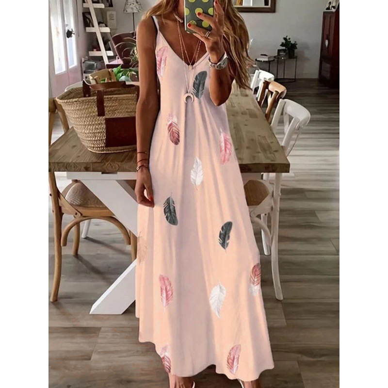 Sleeveless Slim Fit Feather Print Low Cut V-Neck Cami Maxi Dress