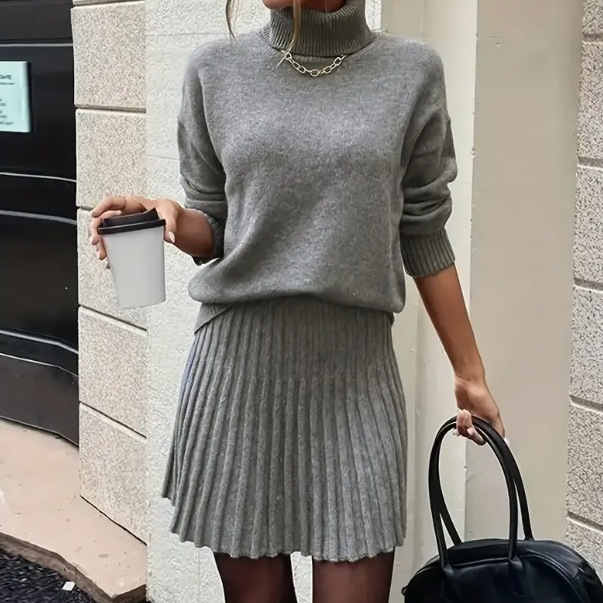 Women's Casual Knit Turtleneck Long Sleeve Top and Mini Skirt Two-Piece Set