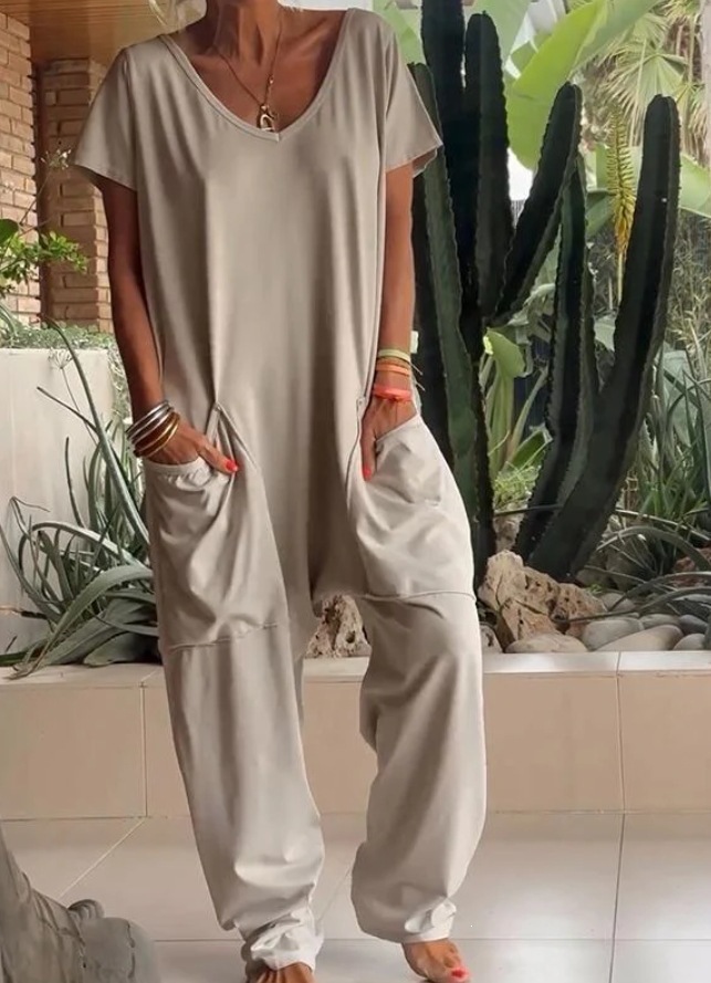 Relaxed Deep V-Neck Short Sleeve Wide-Leg Jumpsuit with Pockets