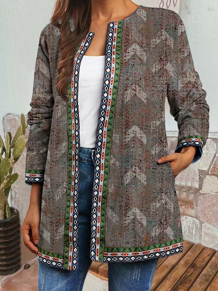 9432# Women's Vintage Ethnic Print Long Sleeve Open Front Jacket Cardigan