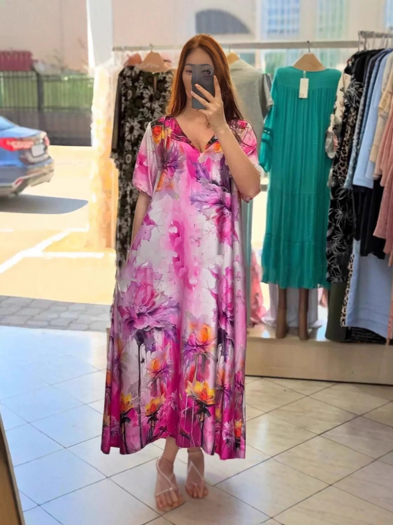 Women's Printed V-Neck Collared Casual Long Vacation Dress