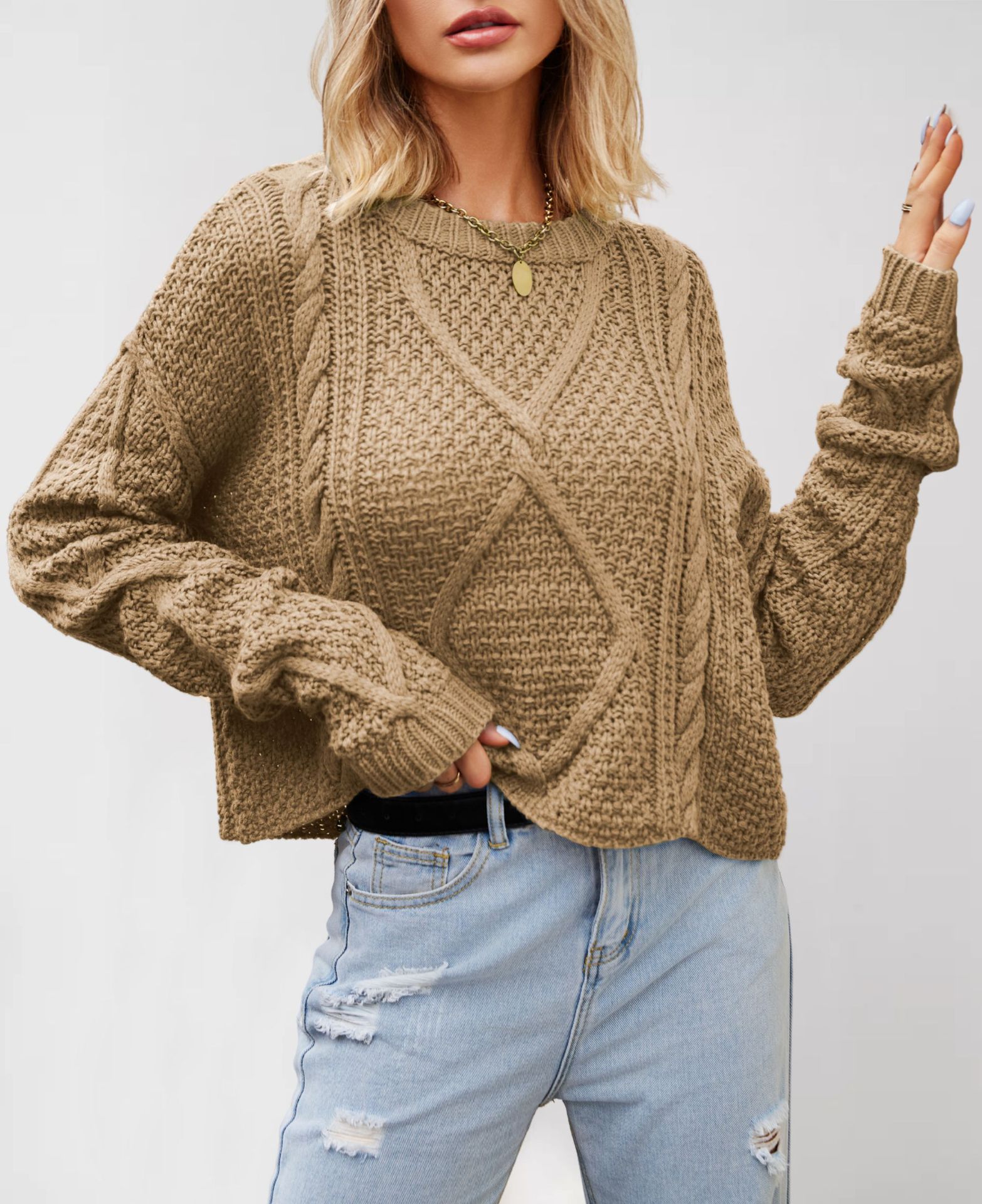 Women's Cable Knit Chunky Pullover Sweater Loose Fit Plus Size