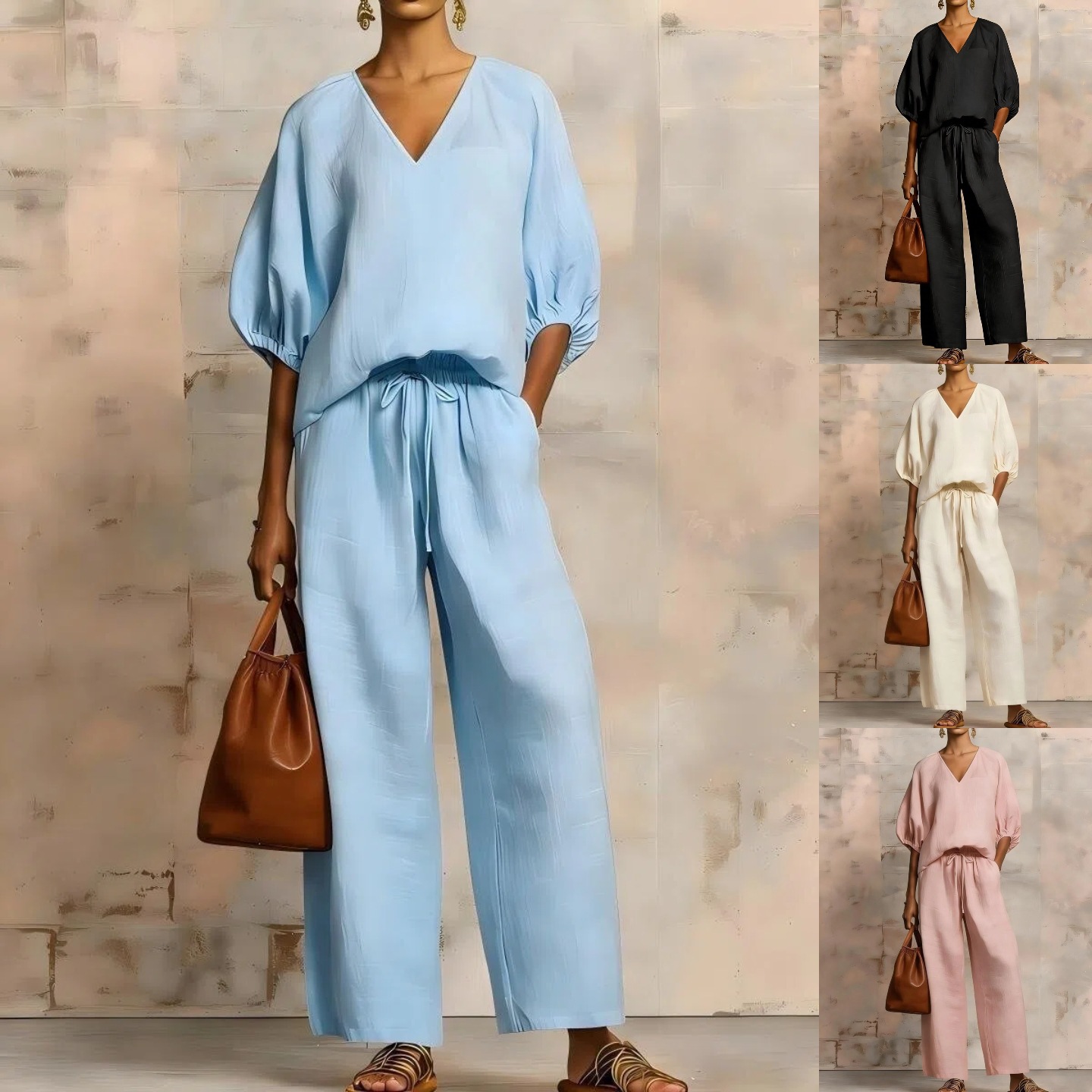 Women's Minimalist V-Neck Two-Piece Set Solid Color Loose Casual