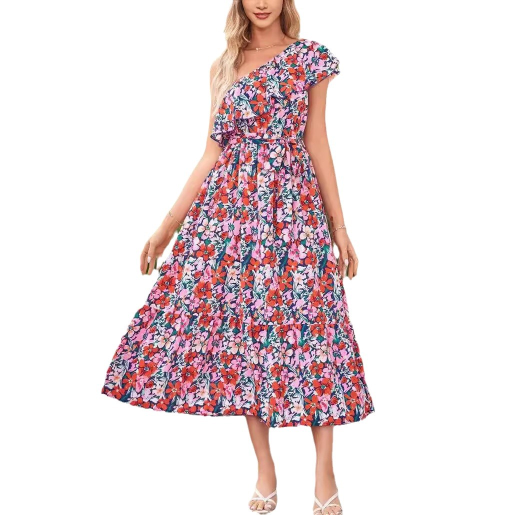 Women's One-Shoulder Floral Print Ruffle Midi Dress with Belt