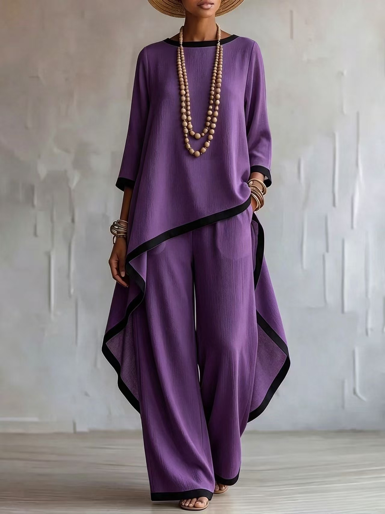 Women's Cotton-Linen Blend Asymmetric Long-Sleeve Top Set