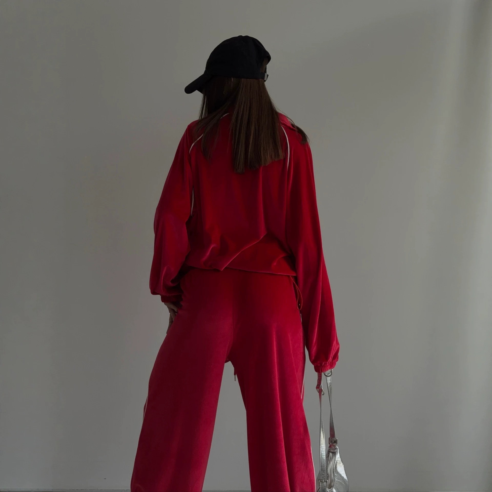 Red Velvet Zip Cardigan & Wide-Leg Pants Set