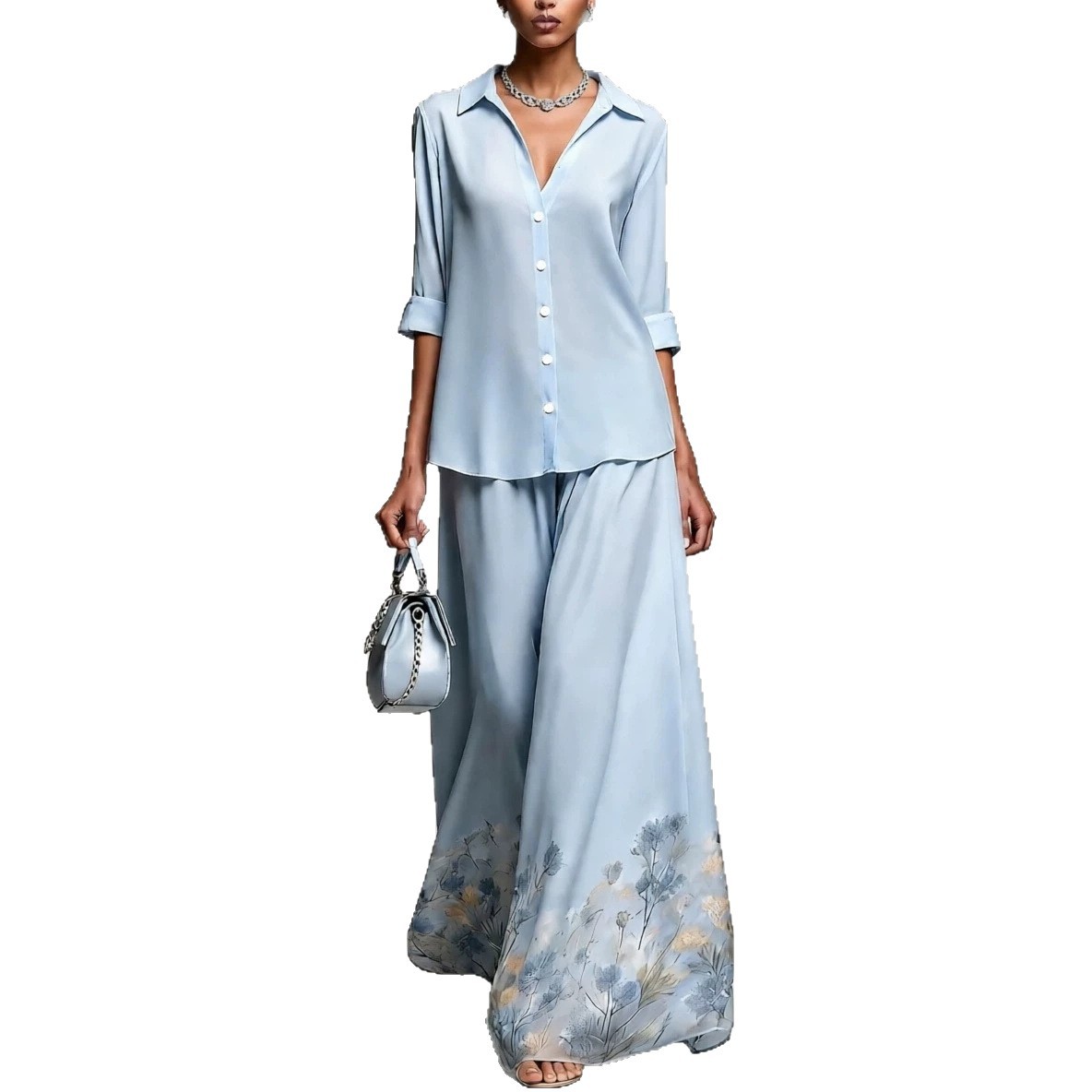 Floral Print Shirt and A-Line Midi Skirt Set with Collar and 3/4 Sleeves