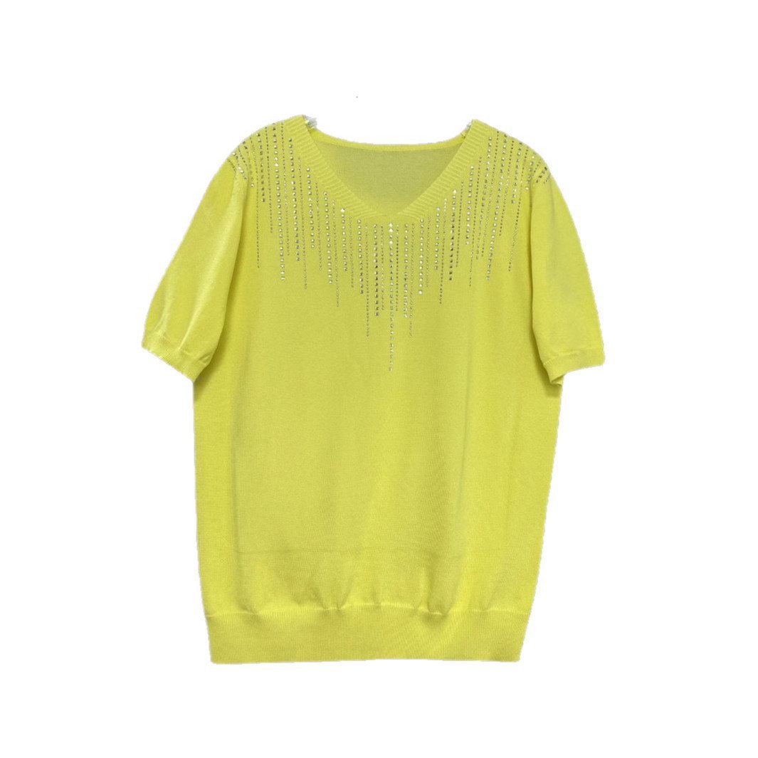 V-Neck Rhinestone Knit Short Sleeve Top