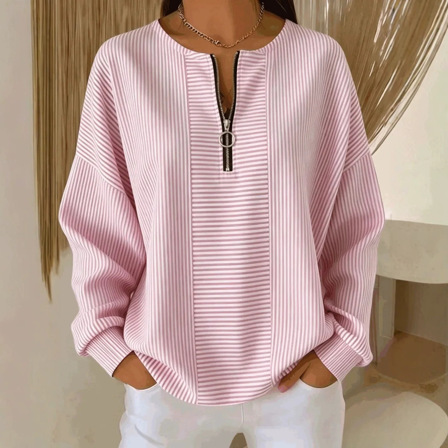Striped Print Half-Zip Hoodie for Women Casual Long Sleeve