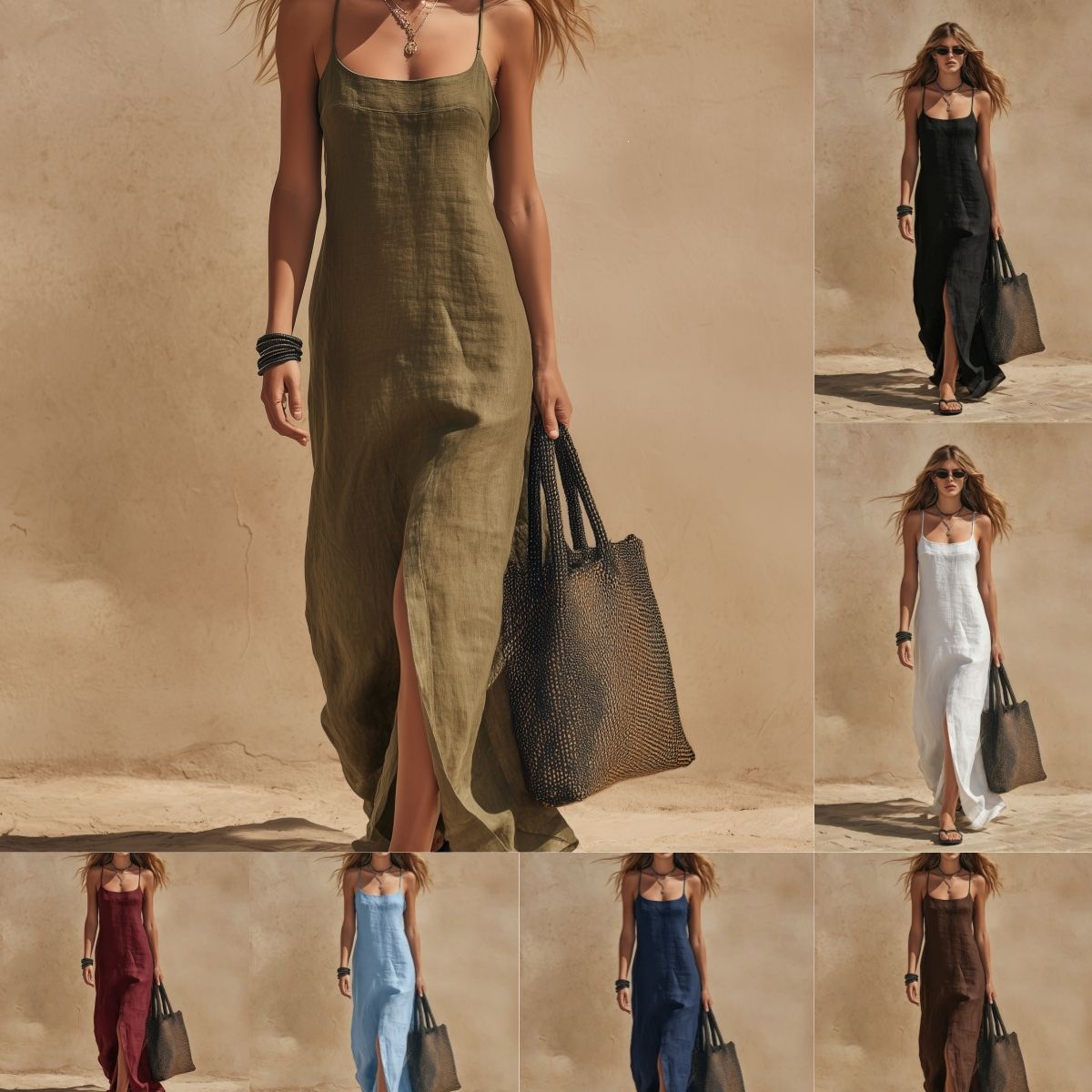 Women's Sleeveless Split Solid Color Cami Dress