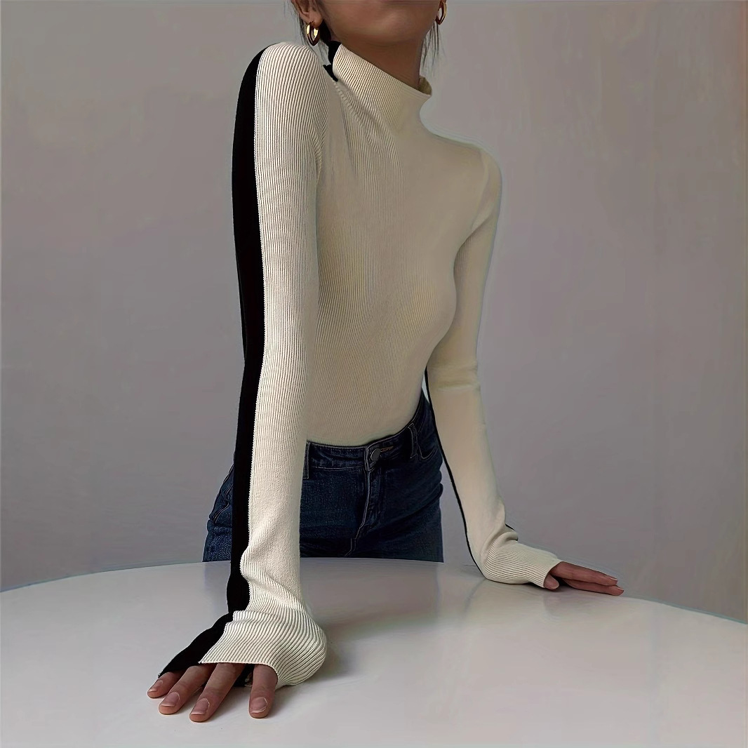 Black High-Neck Knit Sweater Slim Fit Long Sleeve