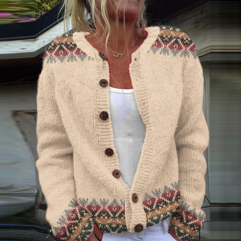Women's Tribal Feather Print Button Cardigan Sweater