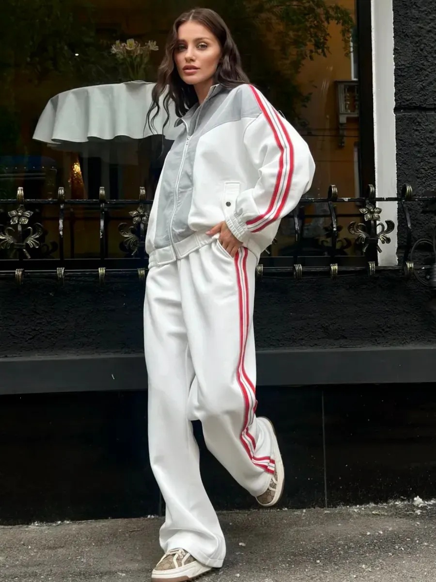 Women's Color-Block Side-Stripe Zip-Up Tracksuit with Drawstring Waist Wide-Leg Pants