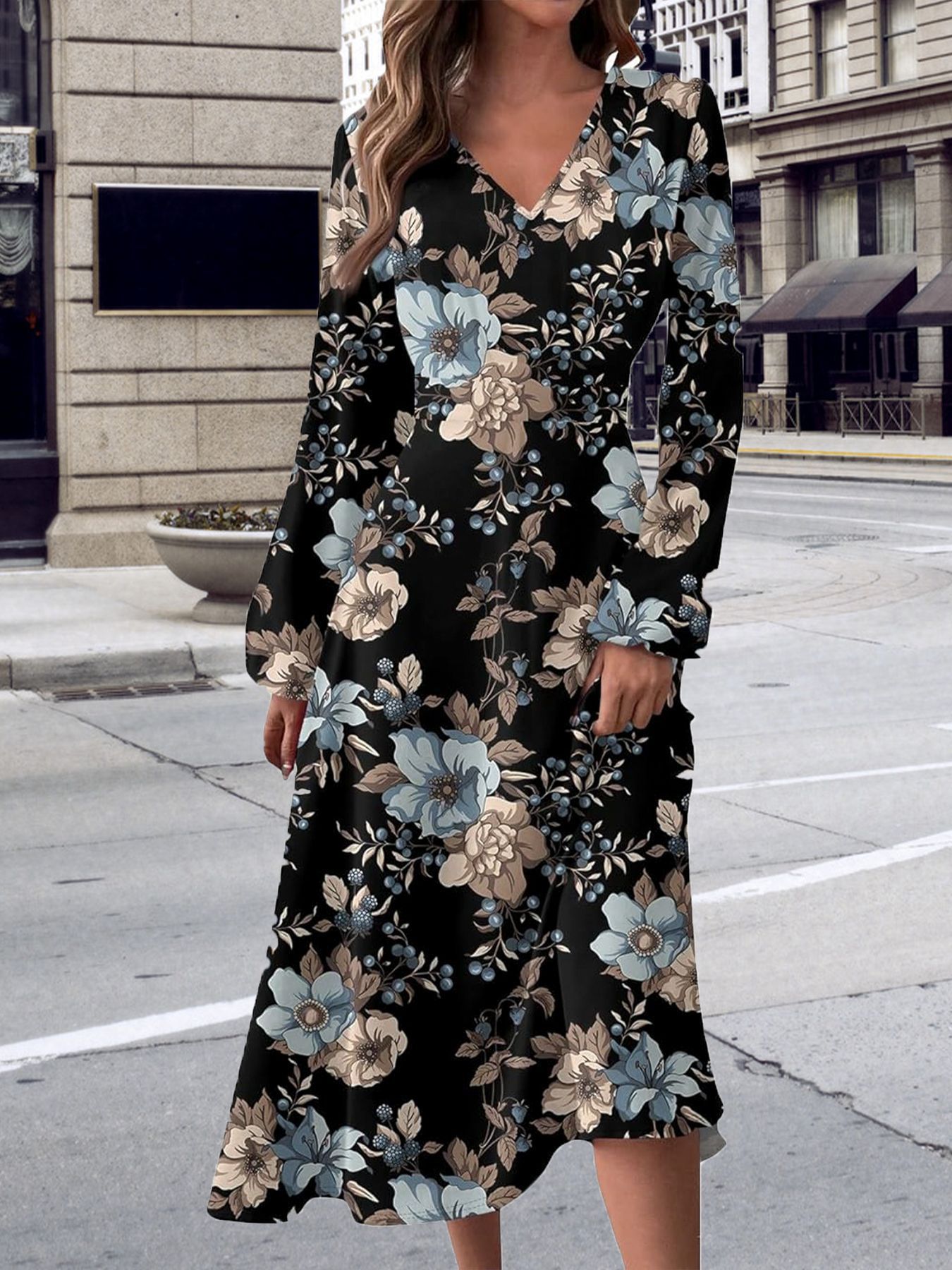 V-Neck Floral Print Long Sleeve High Waist Maxi Dress