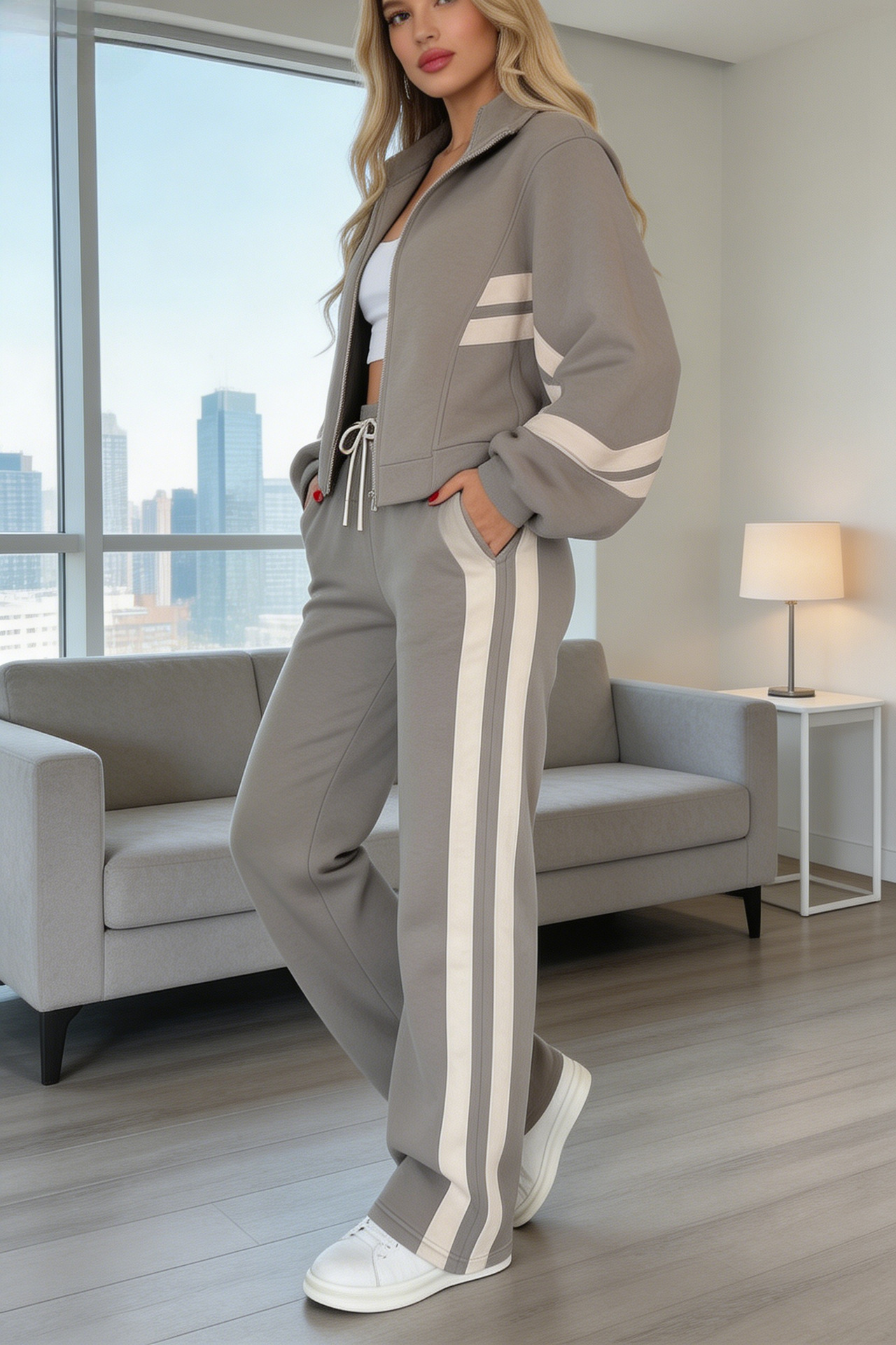 Y2K Striped Zip-Up Top & Pants Casual Tracksuit Set