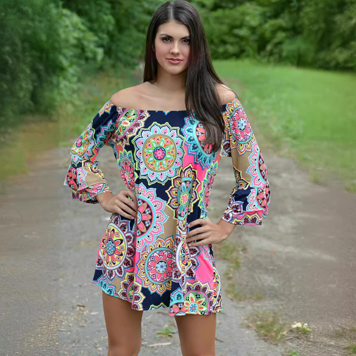 Pop Art Print Off-Shoulder Double Bubble Sleeve Dress