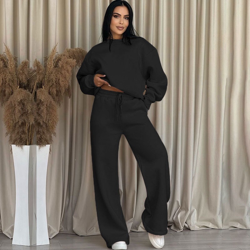 Women's Solid Crewneck Long Sleeve Wide-Leg Pants Set Casual Loose Fit