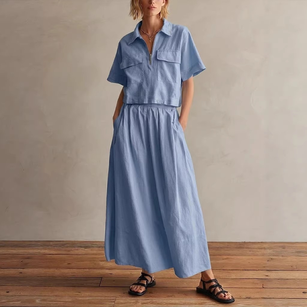 Women's Casual Solid Color Collared Short Sleeve Shirt and Long Skirt Set
