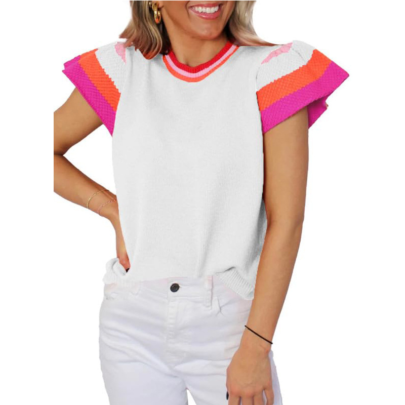 Women's Colorblock Crewneck Knit Top with Flutter Sleeves