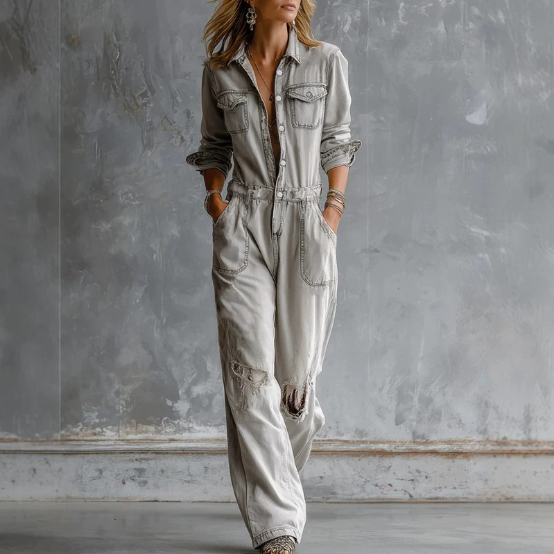 Light Gray Distressed Denim Jumpsuit Casual Long Sleeve