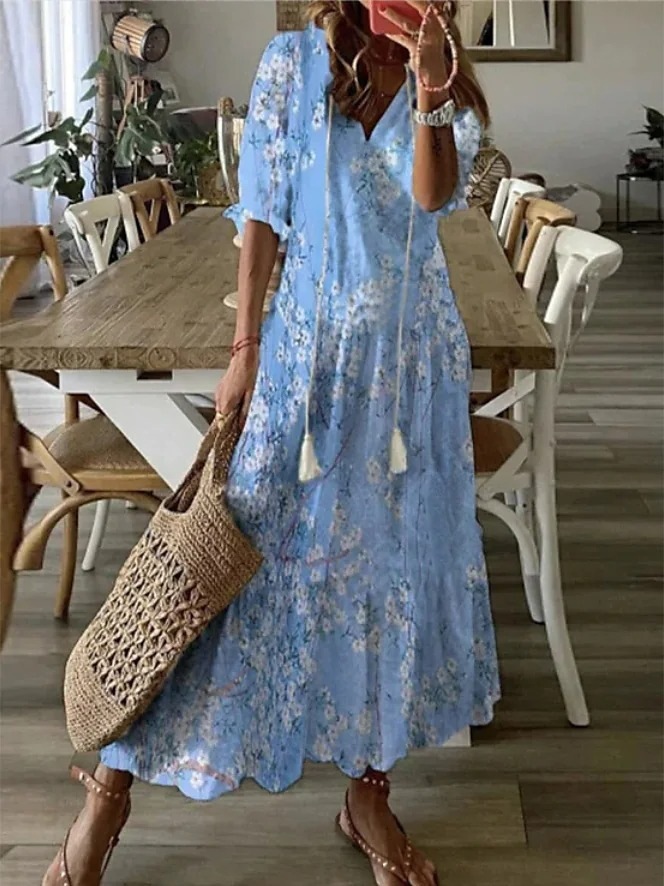 Women's Casual V-Neck Printed Tassel Midi Dress Loose A-Line