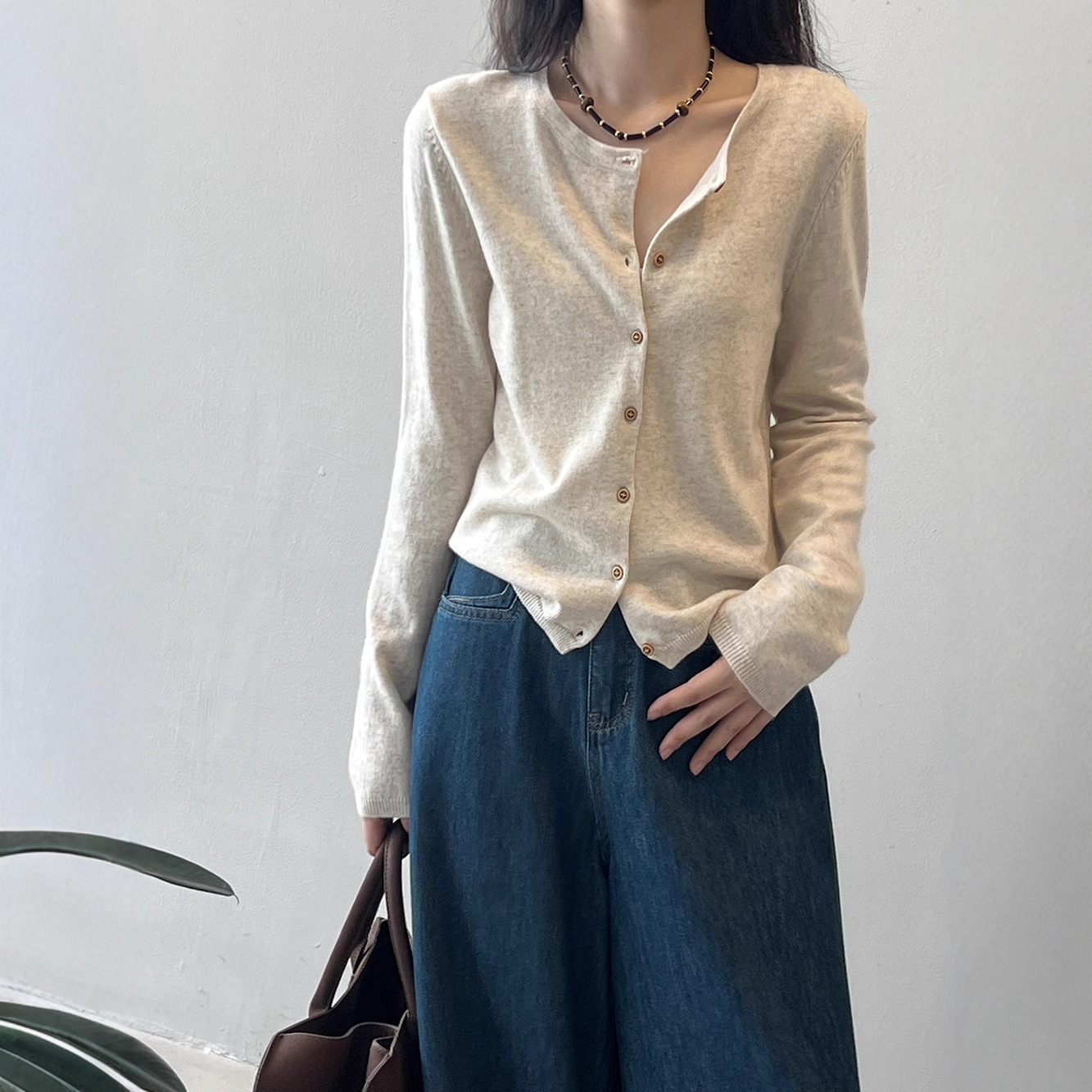 Women's Color-Block Striped Knit Cardigan Crewneck Lightweight Sweater Coat