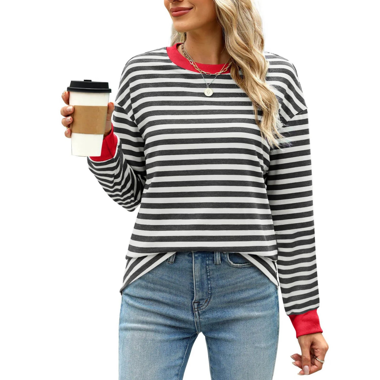 Women's Striped Print Crewneck Sweatshirt Casual Pullover