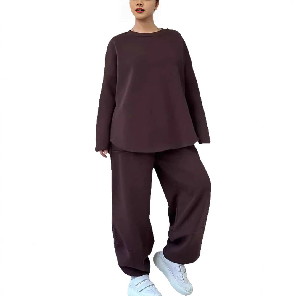 Solid Color Crewneck Long Sleeve Pocket Wide Leg Pants Loose Hoodie Two Piece Set
