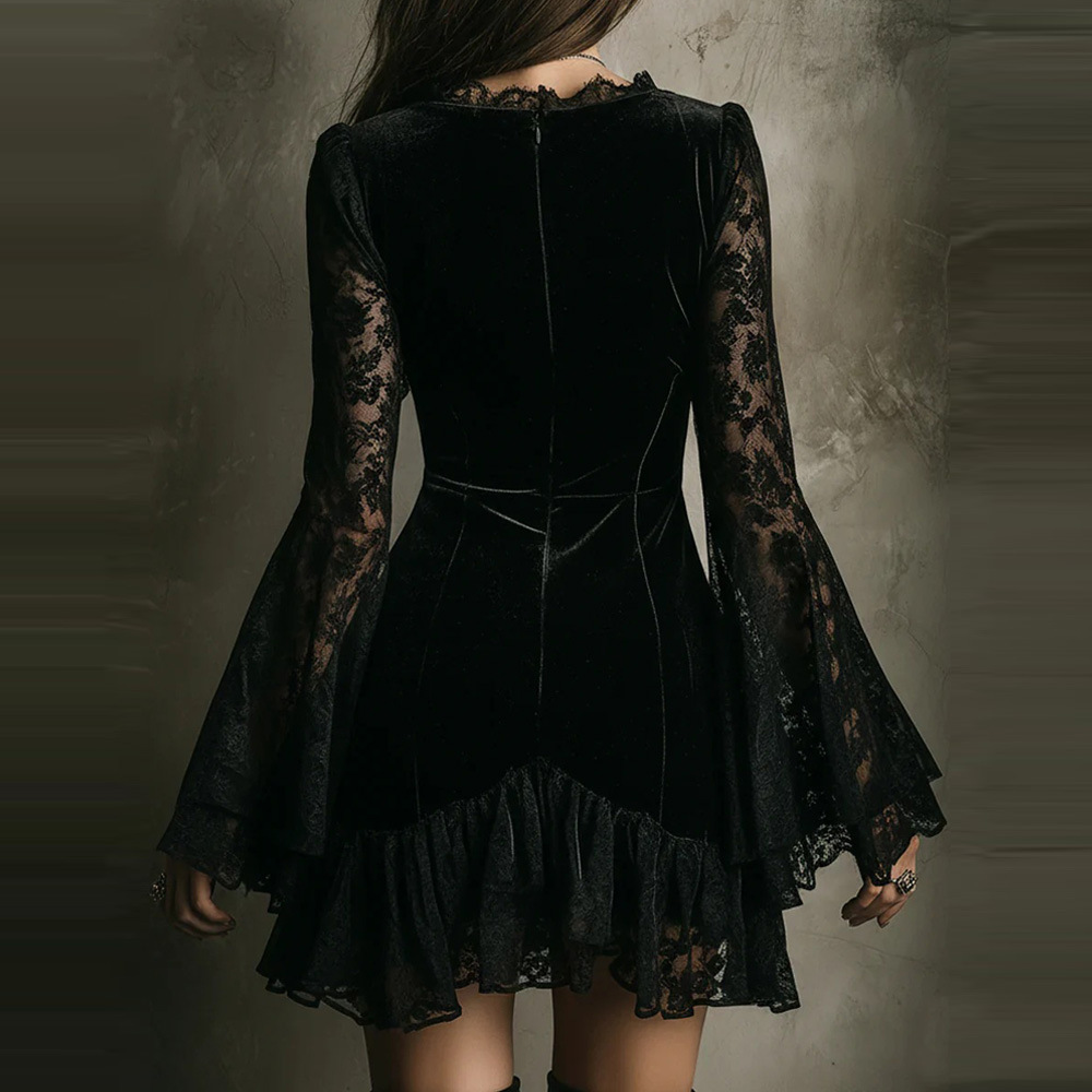 Women's Deep V-Neck Long Sleeve A-Line Dress Solid Color Patchwork