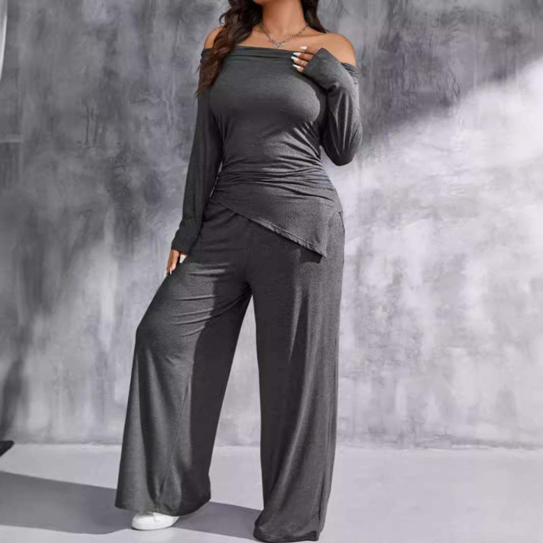 Off-Shoulder Ruched Top & Wide-Leg Pants Set Dark Gray