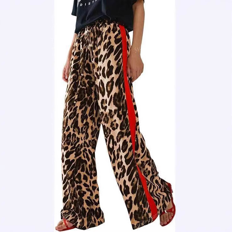 Leopard Print Patchwork Wide-Leg Casual Pants