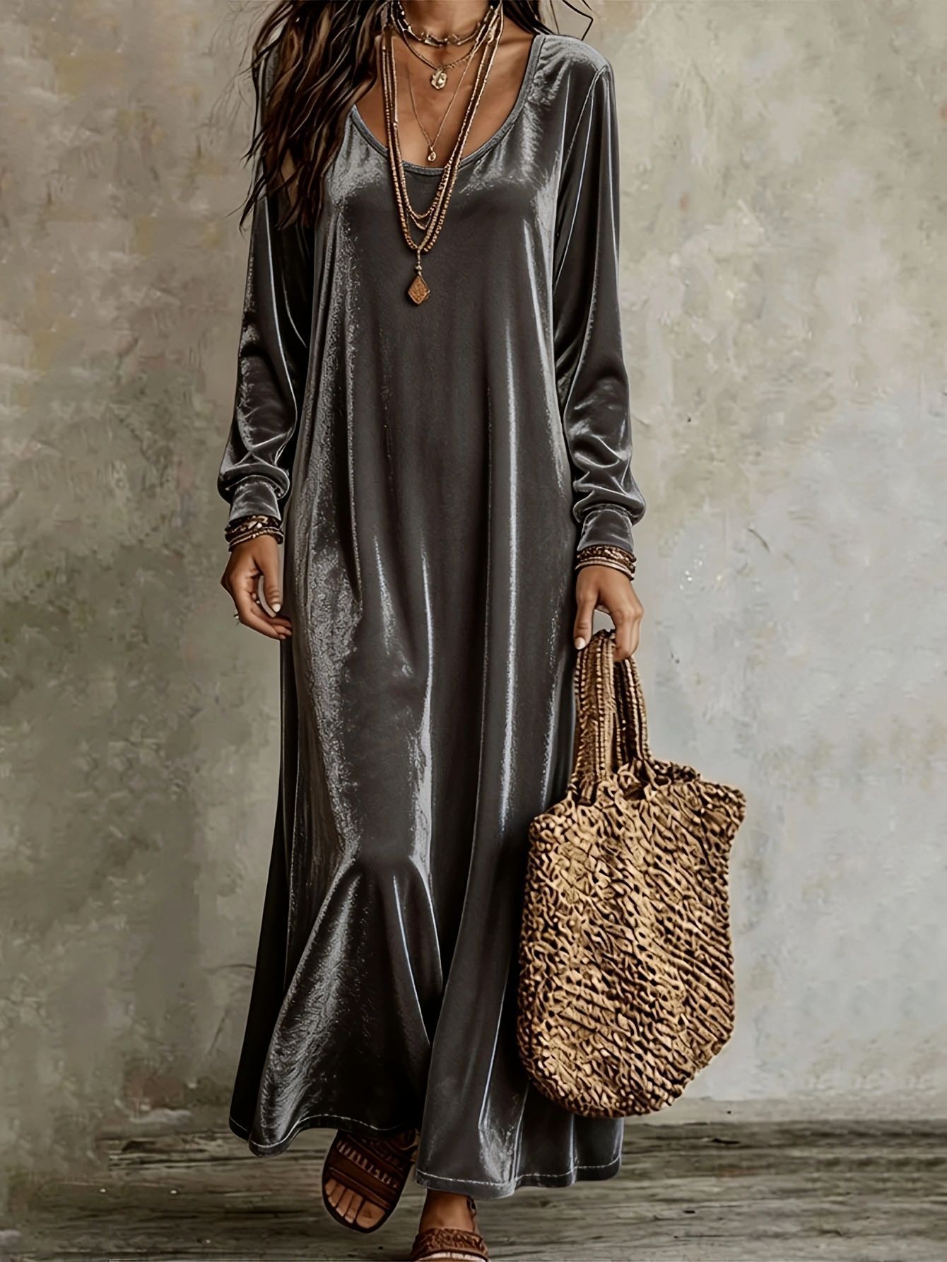 Solid Crewneck Long Sleeve Loose Casual A-Line Maxi Dress