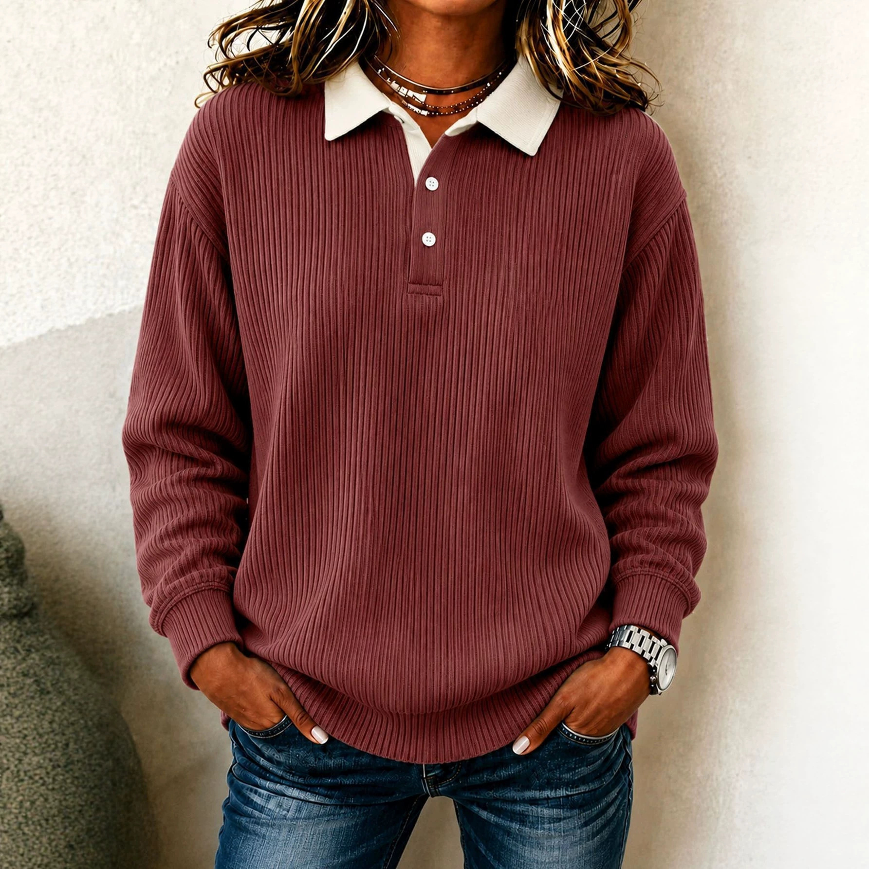 Women's Ribbed Knit Collared Long Sleeve Top
