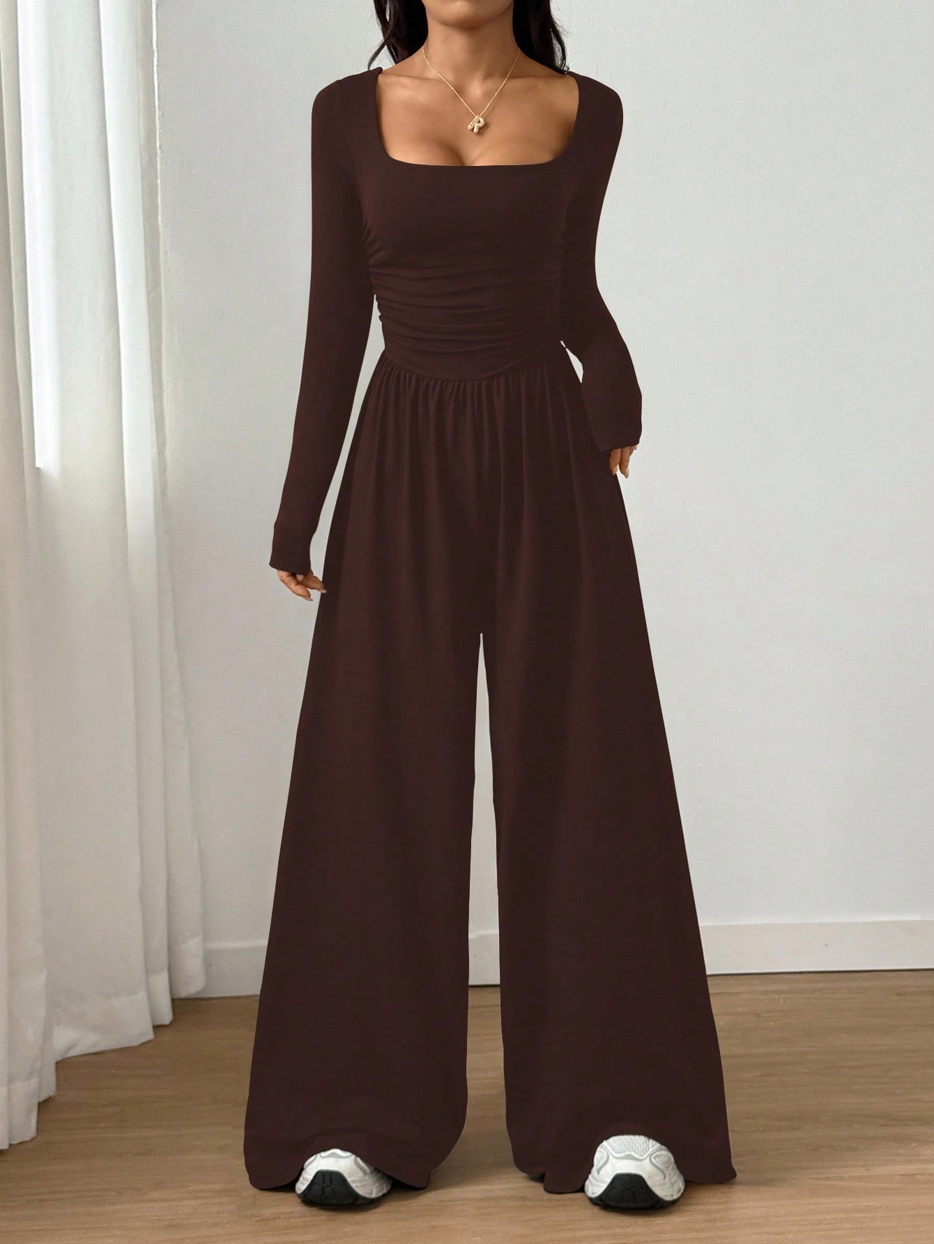 Women's Long Sleeve Square Neck Wide Leg Jumpsuit Solid Color Slimming