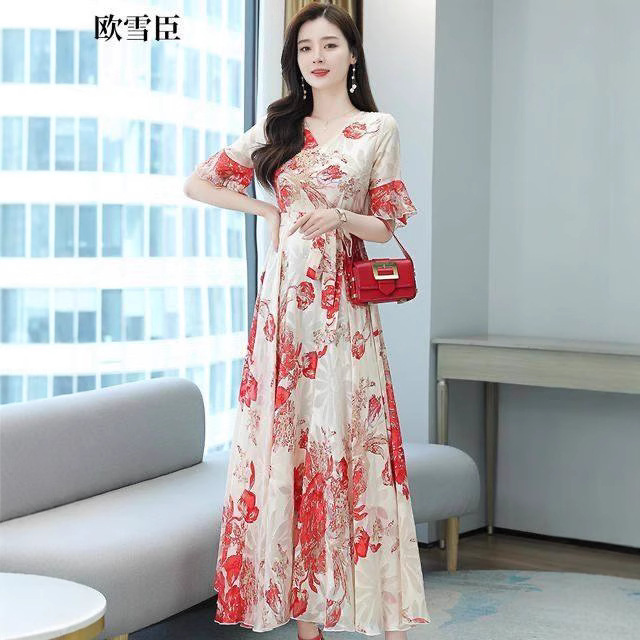 Women's Floral A-Line Midi Dress with V-Neck and Short Sleeves