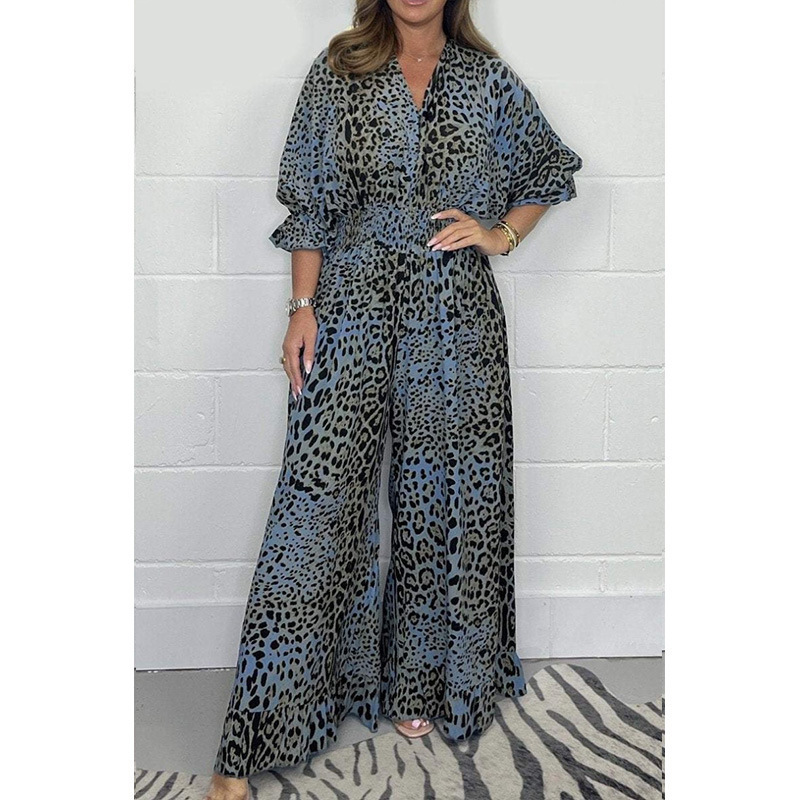 Leopard Print Wide-Leg Jumpsuit Casual Half-Sleeve